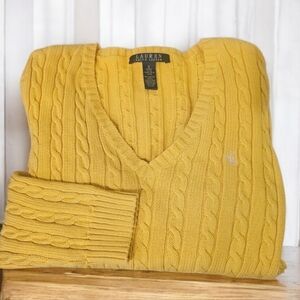 Lauren Ralph Lauren Womens V-Neck Cable Knit Preppy Logo Sweater Yellow--Small